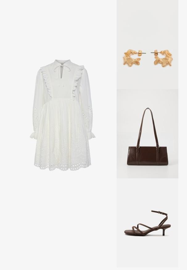 Vestido de algodón blanco con cuello alto, borde de volantes y detalle de cuello atado. Presenta mangas largas y patrones de galones bordados en el dobladillo.; Sandalia marrón de tacón alto con tiras finas cruzadas y una correa en el tobillo con una hebilla plateada sobre un fondo blanco.; Bolso de mano de piel sintética marrón con forma rectangular, dos asas largas y sutiles acentos curvados en la parte delantera.; Pendientes de tono dorado con una forma abstracta y orgánica, que presentan una superficie texturizada y un cierre de poste trasero.