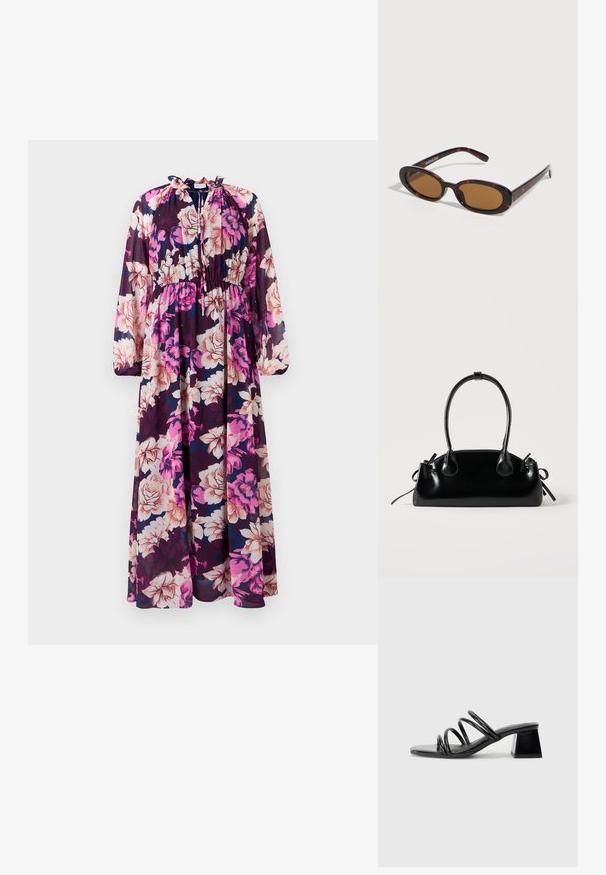 Vestido maxi de manga larga en tejido transparente con un patrón floral de grandes flores rosas y crema sobre un fondo navy. Escote con volantes.; Sandalia de tacón negro con punta cuadrada, que presenta tres correas retorcidas en la parte superior y un tacón cuadrado grueso. Material suave y brillante.; Gafas de sol ovaladas con montura carey, lentes tintadas en marrón y varillas delgadas apoyadas sobre una superficie blanca.; Pequeño bolso negro brillante con dos asas largas y detalles de cordón lateral sobre un fondo claro liso.