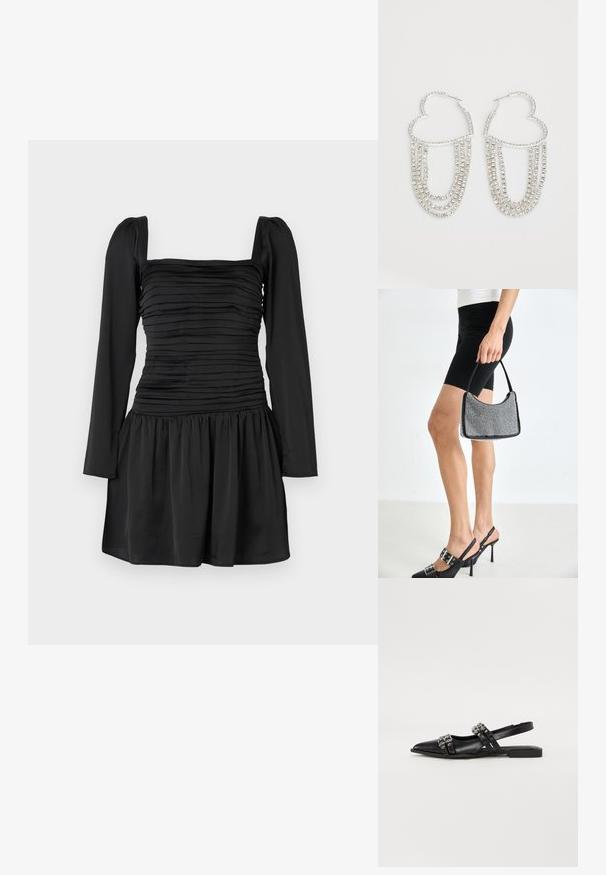 Vestido negro con mangas largas, escote cuadrado y torso fruncido. Diseño de falda acampanada con tela recogida en la cintura. Textura suave.; Even&Odd Bailarinas con tira trasera - black; Bolso de cuentas negras con una silueta curva, asa de transporte y textura brillante. Llevado con zapatos de tacón altos negros y pantalones cortos negros ajustados.; Pendientes de aro plateados en forma de corazón, con hebras en cascada de strass transparentes que aportan un brillo y textura adicionales.