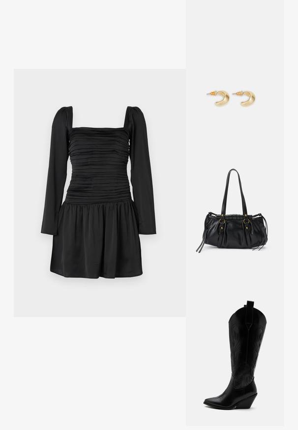 Vestido negro con mangas largas, escote cuadrado y torso fruncido. Diseño de falda acampanada con tela recogida en la cintura. Textura suave.; Bota de vaquero de cuero negro con punta puntiaguda, tacón bloqueado inclinado, costuras decorativas y lengüetas en la parte superior sobre fondo blanco.; Bolso de mano de cuero negro con forma redondeada, asas dobles, acentos de hardware decorativo y detalles de lazo en los laterales. Textura lisa y brillante.; Pendientes en forma de media luna de oro con un acabado suave, que presentan acentos naranjas cerca del pasador y herrajes de plata.