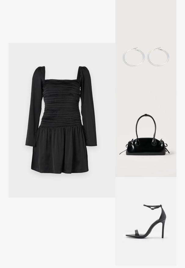 Vestido negro con mangas largas, escote cuadrado y torso fruncido. Diseño de falda acampanada con tela recogida en la cintura. Textura suave.; Sandalias de tacón alto negras con punta abierta, tiras delgadas y hebilla en el tobillo. Textura de cuero suave con un diseño de punta afilada.; Pequeño bolso negro brillante con dos asas largas y detalles de cordón lateral sobre un fondo claro liso.; Pareja de pendientes de aro plateados brillantes con cierres de alambre delgado, mostrados sobre un fondo gris claro.