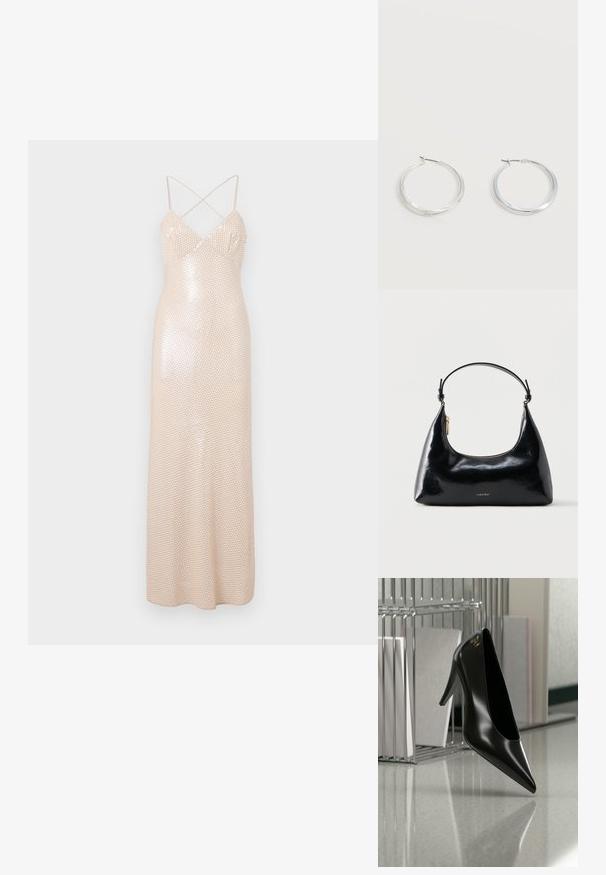 Bodenlanges Kleid mit figurbetonter Silhouette in zartem Beige, mit überkreuzten Trägern auf dem Rücken und funkelndem Paillettenmuster über dem gesamten Stoff.; Schwarzer High-Heel-Schuh mit spitzer Zehe und goldem Logo, auf einer reflektierenden Oberfläche nahe einem verchromten Draht-Organizer mit Dokumenten positioniert.; Schwarze, glänzende Calvin Klein Handtasche mit goldfarbenem Reißverschluss und kurzem Trageriemen vor schlichtem weißem Hintergrund.; Silberne Metallcreolen mit glatter, leicht gebogener Oberfläche und Klappverschluss vor schlicht weißem Hintergrund.