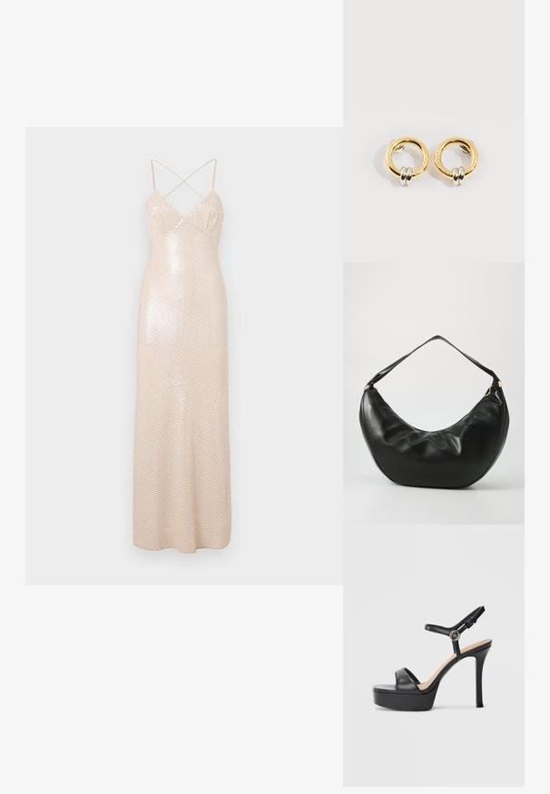 Robe longue avec une silhouette moulante, couleur beige clair, bretelles croisées dans le dos et motif de sequins scintillants sur tout le tissu.; Sandales à plateforme noires avec un talon haut stilettos, dotées d'une tige en cuir lisse, d'un bout ouvert et d'une bride de cheville ajustable avec ferrures.; Sac à épaule en cuir noir, de forme courbée, avec une texture douce et une seule sangle; il comporte une fermeture éclair dorée et un logo discret.; Boucles d'oreilles circulaires en or avec deux petites bagues en argent sur chacune, affichant des détails subtils du nom de la marque gravé, posées sur un fond blanc.