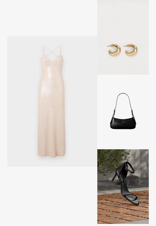 Robe longue avec une silhouette moulante, couleur beige clair, bretelles croisées dans le dos et motif de sequins scintillants sur tout le tissu.; Sandale noire à talon haut avec sangle à la cheville, suspendue au-dessus d'un sol en carreaux de bois à l'extérieur, avec un arrière-plan flou de verdure et de pierre.; Mini sac à bandoulière en cuir noir avec une fine bandoulière et un petit logo CK doré au centre avant.; Deux boucles d'oreilles en forme de cerceau en or brillant, avec un design courbé, présentant des accents orange près de la tige, sur fond blanc uni.