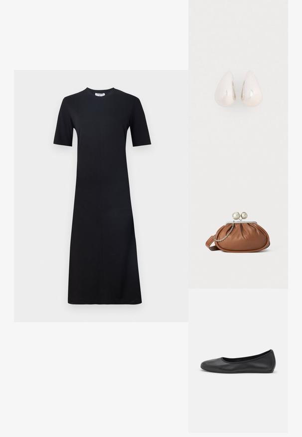 Filippa K Φόρεμα από ζέρσεϊ - black; Μαύρο δερμάτινο μπαλαρίνι με στρογγυλή μύτη, λεία υφή, ελάχιστες λεπτομέρειες ραφής και σχεδίαση ευέλικτης σόλας.; Καφέ δερμάτινη τσάντα συμπλέκτη με ασημένιο κούμπωμα και μικρή ασημένια αλυσίδα σε λευκό φόντο.; Ασημί μεταλλικά σκουλαρίκια σε σταγόνα με λεία, ανακλαστική επιφάνεια και σχήμα σταγόνας, με αδιάκοπη σχεδίαση και χωρίς ορατές προσθήκες.