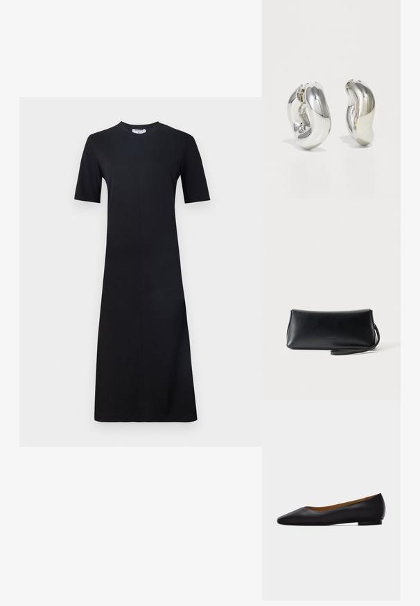 Filippa K Vestido ligero - black; Zapato plano de punta puntiaguda de cuero negro con tacón bajo y acabado liso, mostrado de perfil sobre un fondo gris claro.; Bolso de mano de cuero negro liso con correa delgada para la muñeca, forma rectangular y logo sutil en relieve centrado en el frente.; Pendientes escultóricos de plata con formas suaves y curvas y superficies reflectantes. Presentan un diseño de aro cerrado y una forma orgánica distintiva.