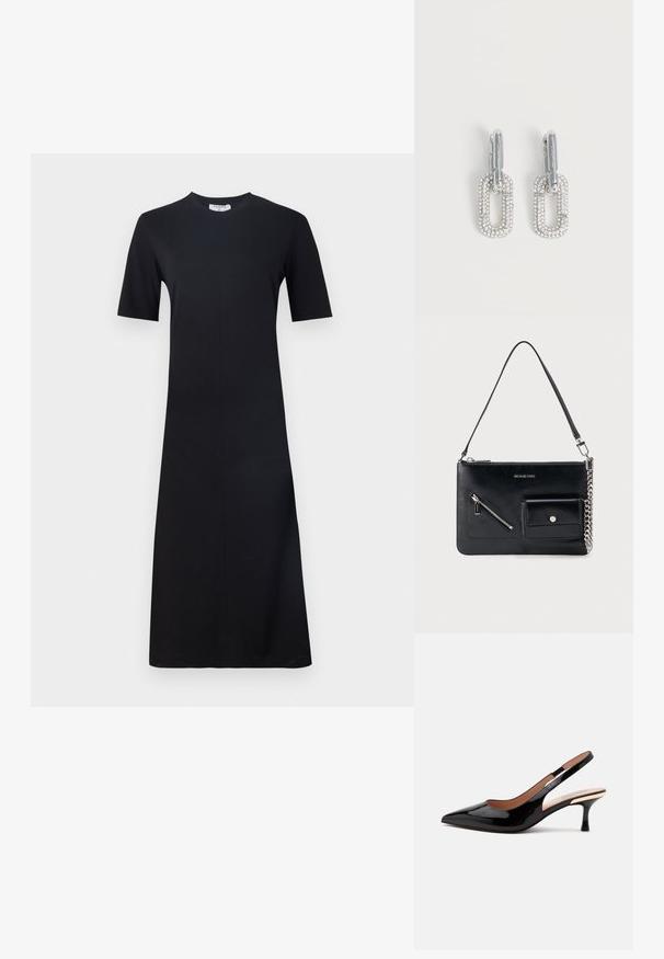 Filippa K Jerseykleid - black; Schwarzer Lackleder Slingback-Pumps mit spitz zulaufender Kappe und niedrigem Katzenabsatz auf weißem Hintergrund.; Schwarze Michael Kors Leder-Umhängetasche mit oberem Reißverschluss, diagonalem Reißverschlussfach vorne, Klappentasche mit Druckknopf und silbernem Kettendetail.; Silberfarbene Tropfenohrringe mit rechteckigem Gliederdesign, bedeckt mit kleinen funkelnden Kristallen auf weißem Hintergrund.