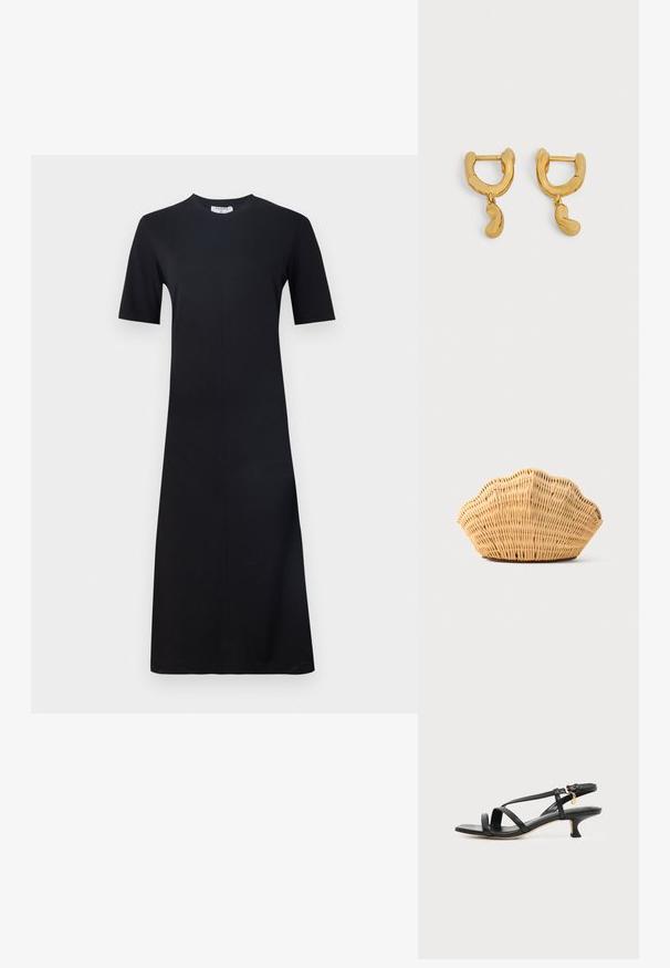 Filippa K Vestido ligero - black; Sandalia negra de cuero con tiras, tacón bajo de tipo kitten, hebilla en el tobillo y pequeño charm dorado sobre un fondo claro y liso.; Bolso de mano de ratán tejido con forma de concha de vieira, de color marrón claro natural y bordes redondeados y texturizados.; Par de pequeños pendientes de aro en tono dorado con dijes irregulares en forma de frijol colgando de cada aro sobre un fondo neutro.
