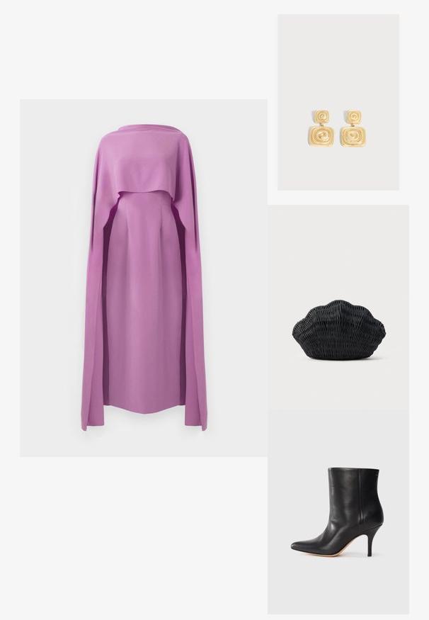 Robe à manches longues en tissu lilas uni, avec un superposition fluide semblable à une cape, présentant un col rond et une silhouette ajustée.; Bottine en cuir noir à bout pointu, avec un talon aiguille fin et une texture lisse. Design minimaliste sans matériel ou accents visibles.; Sac à main en osier noir en forme de coquille Saint-Jacques avec un dessus courbé et une texture tressée sur un fond uni.; Boucles d'oreilles pendantes ton or avec deux formes carrées reliées, chacune ornée d'un motif en spirale en relief.