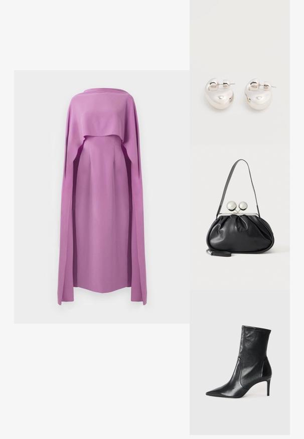 Robe à manches longues en tissu lilas uni, avec un superposition fluide semblable à une cape, présentant un col rond et une silhouette ajustée.; Bottes noires à la cheville en cuir lisse, dotées d'un bout pointu, d'un tige ajustée et d'un talon haut fin. Design minimaliste sans quincaillerie visible.; Sac à main en cuir noir avec un design plissé, une sangle unique, un cadre métallique argenté et deux grandes fermoirs ronds en argent.; Paire de boucles d'oreilles argentées brillantes et épaisses avec fermoirs à tige, sur fond blanc uni.