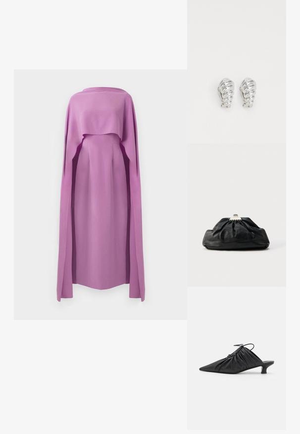 Vestido de manga larga en tela sólida color lila con una sobrecapa fluida similar a una capa, que presenta un escote redondo y una silueta ajustada.; Mules negros de cuero sin hebillas con punta afilada, textura recogida y un pequeño tacón de gato. Presentan un detalle de cordón en la abertura.; Bolso de mano de cuero negro con textura recogida, cierre de broche metálico y logo en relieve sutil en el frente. Forma redondeada.; Pendientes de clip plateados con un diseño en espiral, que presentan una textura metálica suave y formas redondeadas. Sin adornos ni patrones visibles.
