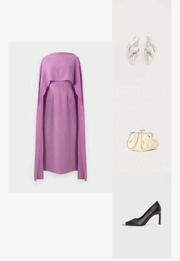 Robe à manches longues en tissu lilas uni, avec un superposition fluide semblable à une cape, présentant un col rond et une silhouette ajustée.; Chaussure à talon haut en cuir noir avec bout pointu et capuchon argenté métallique. Présente une finition lisse et un talon fin de 10 cm.; Pochette en cuir beige plissé avec un cadre en métal argenté, dotée de deux fermoirs ronds décoratifs et d'une chaîne en argent.; Boucles d'oreilles clips en métal argenté torsadé avec une finition lisse et brillante, présentant un design moderne et abstrait en spirale.