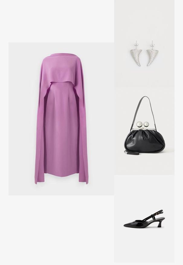 Vestido de manga larga en tela sólida color lila con una sobrecapa fluida similar a una capa, que presenta un escote redondo y una silueta ajustada.; Zapato slingback de charol negro con tacón bajo, punta puntiaguda y correa ajustable con hebilla dorada sobre fondo blanco.; Bolso de mano de cuero negro con diseño fruncido, una sola correa, marco metálico plateado y dos cierres grandes redondos de plata.; Pendientes en forma de cuerno plateado, engastados con pequeñas piedras transparentes, que cuentan con un cierre trasero para su sujeción. Textura suave y acabado metálico.