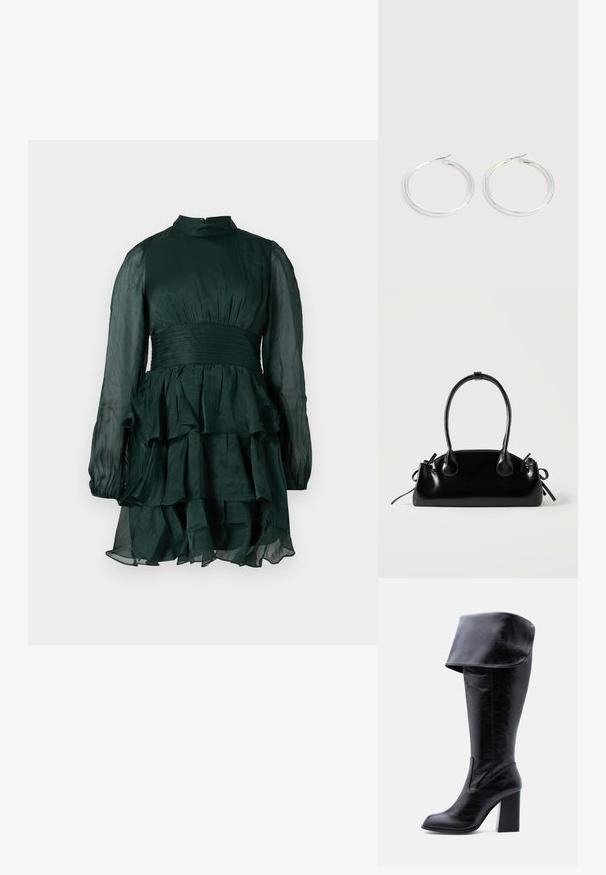 Σκούρο πράσινο φόρεμα chiffon με ψηλό λαιμό, διάφανες μακριές μανίκες, εφαρμοστή μέση και φουσκωτή φούστα με ιριδίζοντα στρώματα.; Ψηλή μαύρη δερμάτινη μπότα με τακούνι, διπλωμένη μανσέτα και στρογγυλεμένη μύτη, όρθια σε λευκό φόντο.; Μικρή μαύρη γυαλιστερή τσάντα με δύο μακριές λαβές και λεπτομέρειες με ρυθμιζόμενο κορδόνι στο πλάι σε απλό ανοιχτό φόντο.; Ζεύγος λαμπερών ασημένιων κρίκων με λεπτές σύρμα σφραγίδες, παρουσιασμένα σε ανοιχτό γκρι φόντο.