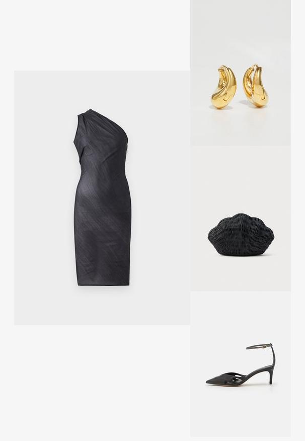 Asymmetrical black dress with one shoulder, draped texture, knee-length, fitted silhouette, and back zip closure.; Black leather high-heeled shoe with a pointed toe, open sides, and a thin ankle strap featuring a small gold hardware detail.; Black wicker handbag shaped like a scallop shell with a curved top and woven texture on a plain background.; Gold hoop earrings with a smooth, curved shape and polished finish. Features a clasping mechanism and slight indentations for detail.