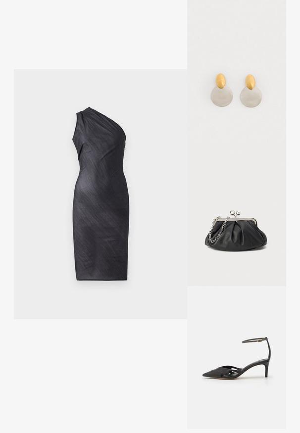 Ασύμμε vestido μαύρο με έναν ώμο, ριχτή υφή, μήκους έως το γόνατο, εφαρμοστή σιλουέτα και κλείσιμο με φερμουάρ στην πλάτη.; Μαύρο δερμάτινο ψηλοτάκουνο παπούτσι με μυτερή μύτη, ανοιχτές πλευρές και λεπτό λουράκι στον αστράγαλο που διαθέτει μια μικρή χρυσή λεπτομέρεια.; Μαύρο δερμάτινο πορτοφολάκι με μα gathered υφή, μεταλλικό πλαίσιο σε ασημί απόχρωση, κλείσιμο τύπου kiss-lock και αλυσίδα. Λείο, απαλό επιφάνεια.; Χρυσά και ασημένια σκουλαρίκια από μέταλλο, με στρογγυλή βάση δίσκου και οβάλ κομμάτι στην κορυφή, λεία υφή και γυαλιστερή φινίρισμα.