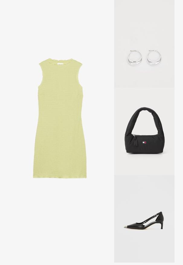 Vestido sin mangas de un verde claro con una tela texturizada, cuello con forma de ondas y un corte ajustado. Sin mangas ni embellishments adicionales.; Zapato de tacón bajo tipo kitten heel de cuero negro con puntera plateada puntiaguda y correas dobles con hebilla sobre un fondo blanco.; Bolso de nylon negro con un asa curva y acolchada, cremallera plateada y un pequeño parche de logo en colores rojo, blanco y azul.; Pendientes de aro de plata con un acabado pulido y la marca DKNY, exhibidos sobre un fondo blanco liso.