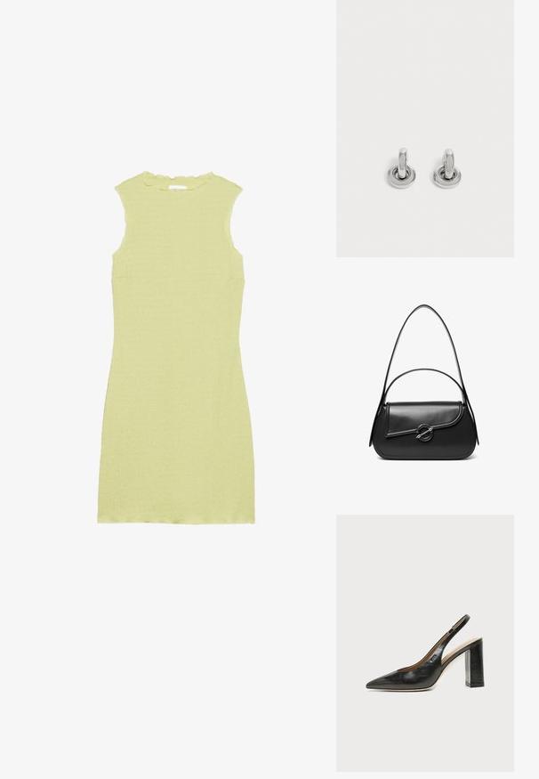 Lys grøn ærmeløs kjole med et struktureret stof, scallop-udskæring og tætsiddende pasform. Ingen ærmer eller yderligere udsmykninger.; Sort læder peep-toe slingback sko med høj blokhæl og beige indvendig foring mod en ensfarvet lys baggrund.; Sort skuldertaske i læder med en buet klap, der er fastgjort med en rund metal spænde, og en slank, justerbar rem.; Par små, skinnende sølv hoops med rund base, vist på en ensfarvet lys baggrund.