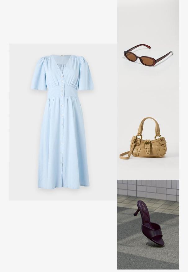 Helles blaues Kleid aus Baumwolle, mit V-Ausschnitt, kurzen Puffärmeln und einer Knopfleiste vorne. Es hat einen gerafften Taillenbund und einen ausgestellten Rock.; Ein einzelner dunkelvioletter offener High-Heel-Sandal, der auf grauem Pflaster nahe einer gefliesten Wand aufrecht steht.; Runde, braun getönte Sonnenbrillen mit einem glänzenden burgunderfarbenen Rahmen. Schlanke Bügel mit dezentem Branding. Flaches Linsendesign.; Beige Lederhandtasche mit doppelten Griffen, Messingschnalle und Nieten, sowie verstellbarem Schultergurt vor weißem Hintergrund.