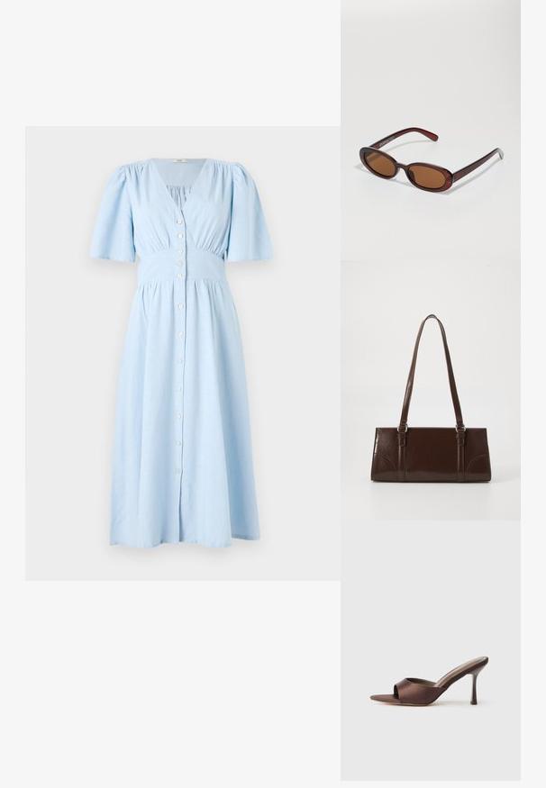 Lyseblå kjole lavet af bomuld, med V-hals, korte pufærmer, og en knaplukning fortil med en samlet talje og flagrende skørt.; Brune satin åben tå mule med en mellemhøj slank hæl og slip-on design på en ensfarvet hvid baggrund.; Runde, bruntonede solbriller med en glansfuld bordeauxramme. Slanke arme med diskret brandingdetalje. Flad linsedesign.; Brun lakeret håndtaske med rektangulær form, to lange håndtag og subtile buede detaljer på fronten.
