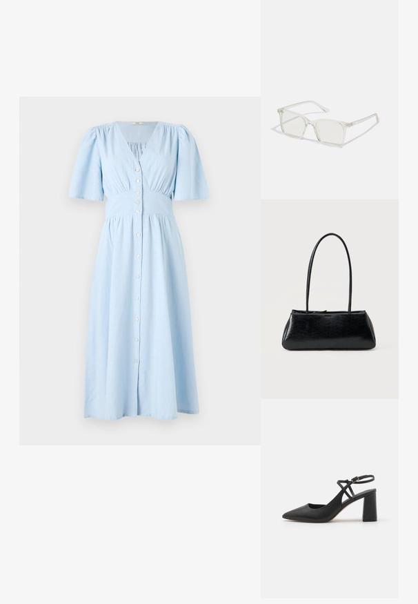 Vestido azul claro de algodón, con escote en V, mangas cortas con volantes y un cierre de botones en la parte delantera, cintura fruncida y falda acampanada.; Tacones slingback negros con punta afilada, acabado de cuero suave, tacón en bloque y correa ajustable para el tobillo con herrajes en tono dorado.; Gafas cuadradas de plástico transparente con lentes translúcidos, que cuentan con acentos dorados en las patillas para un detalle adicional.; Bolso de hombro rectangular negro con correas largas y delgadas y una textura lisa y brillante sobre un fondo liso.