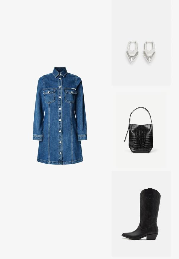 Robe en denim, manches longues, fermeture à boutons sur le devant, deux poches poitrine, col classique, couleur bleu moyen et détails de couture clairs.; Botte de cowboy en cuir noir avec un bout pointu, un talon bas empilé et un motif de feuilles embossé complexe sur la tige. Boucle en haut pour un enfilage facile.; Sac seau en cuir embossé noir façon croco avec une seule bandoulière et un petit logo argenté de la marque au centre en bas à l'avant.; Cadenas en forme de cœur en argent avec les inscriptions gravées "OUI" et "NON", finition polie, design symétrique et un robuste fermoir en métal.