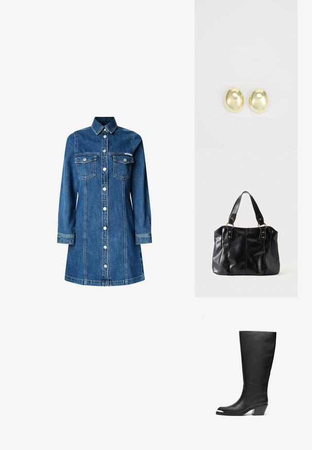 Denimhemdkleid, lange Ärmel, durchgehende Knopfleiste, zwei Brusttaschen, klassischer Kragen, mittelblaue Farbe und leichte Steppdetails.; Hohe schwarze Lederstiefel mit geschlossener Zehe und Ausschnittdesign. Sie haben einen klobigen Absatz und eine glatte Textur. Auffällige seitliche Paneeldetails.; Schwarze Leder-Schultertasche mit doppelten Trägern, befestigt durch goldene Ringe und Nieten, glatte und leicht glänzende Oberfläche, schlichtes Design.; Goldfarbene Metallstanzohrringe mit einer glatten, abgerundeten Form und polierter Oberfläche. Einfaches Design ohne zusätzliche Verzierungen.
