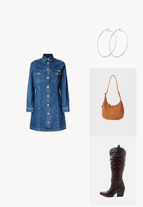 Denimhemdkleid, lange Ärmel, durchgehende Knopfleiste, zwei Brusttaschen, klassischer Kragen, mittelblaue Farbe und leichte Steppdetails.; Hoher dunkelbrauner Leder-Cowboystiefel mit gestickten dekorativen Mustern, spitzer Spitze und gestapeltem Blockabsatz.; Tasche aus hellbraunem Wildleder mit geschwungenem Design, verstellbarem Trageriemen, Metallreißverschluss und geprägtem Logodetail auf der Vorderseite.; Pilgrim Ohrringe - gold-coloured