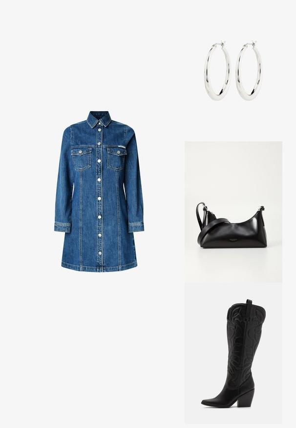 Denim skjortekjole, lange ærmer, knaplukning foran, to brystlommer, klassisk krave, mellemblå farve og lyse syninger.; Sorte knæhøje støvler i læder med spids snude og lagdelt hæl. Har dekorative syninger og buede designelementer.; Sort læderhåndtaske med en glat tekstur. Har en justerbar stropp og et enkelt, minimalistisk design med lynlås.; Sølvøreringe i form af hoops med en glat, blank finish. Cirkulær form, der har en sikker lås. Simpelt og elegant design.