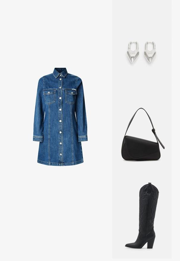 Džínová košele šaty, dlhé rukávy, zapínanie na gombíky, dve náprsné vrecká, klasický golier, stredne modrá farba a svetlé švy.; Zign by Zalando LEATHER - Kovbojské/motorkárske čižmy - black; Čierna kožená kabelka s trojuholníkovým tvarom, šikmým klopou a zaoblenou rukoväťou. Má hladkú textúru a minimalistické dizajnové detaily.; Strieborné zámky v tvare srdca so vygravírovanými nápismi "ÁNO" a "NIE", leštený povrch, symetrický dizajn a robustný kovový uzáver.