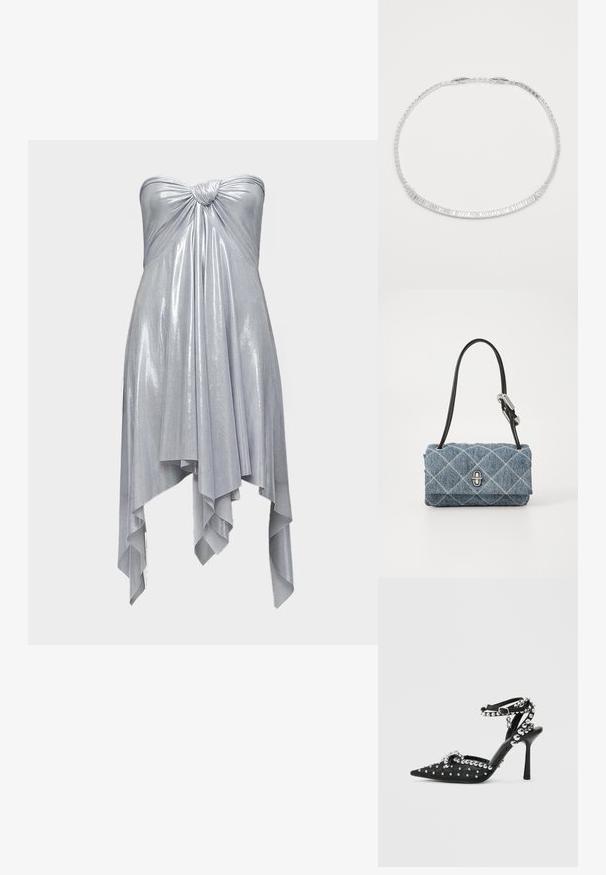 Robe métallique argentée grise sans bretelles avec un détail noué sur la poitrine et un ourlet asymétrique en forme de mouchoir.; Chaussure à talon haut noire à bout pointu avec ornements cloutés, bride à la cheville et tissu texturé. Présente un nœud décoratif et des accents métalliques.; Sac en denim matelassé de forme rectangulaire, avec des accessoires en métal argenté, une sangle noire et un motif de couture en losanges blancs.; Collier en argent avec des pierres rectangulaires transparentes disposées en une seule rangée, doté d'un fermoir, sur un fond blanc.