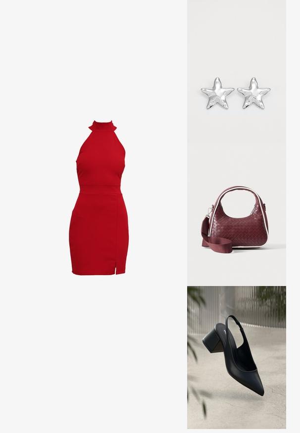 Rode halternekjurk met een aansluitende silhouet, voorzien van een hoge kraag en een zijsplit. Gemaakt van rekbaar materiaal voor een strakke pasvorm.; Zwarte leren slingback hak met een spitse neus en een blokhak. Glad oppervlak, minimalistisch ontwerp en verstelbare enkelband.; Donkerrode geweven leren handtas met gebogen handvat, witte bies, zilveren rits en afneembare brede stoffen schouderriem tegen een effen achtergrond.; Zilveren stervormige oorbellen met een gepolijste, glanzende afwerking. Elke oorbel heeft vijf punten en subtiele textuurdetails op het oppervlak.
