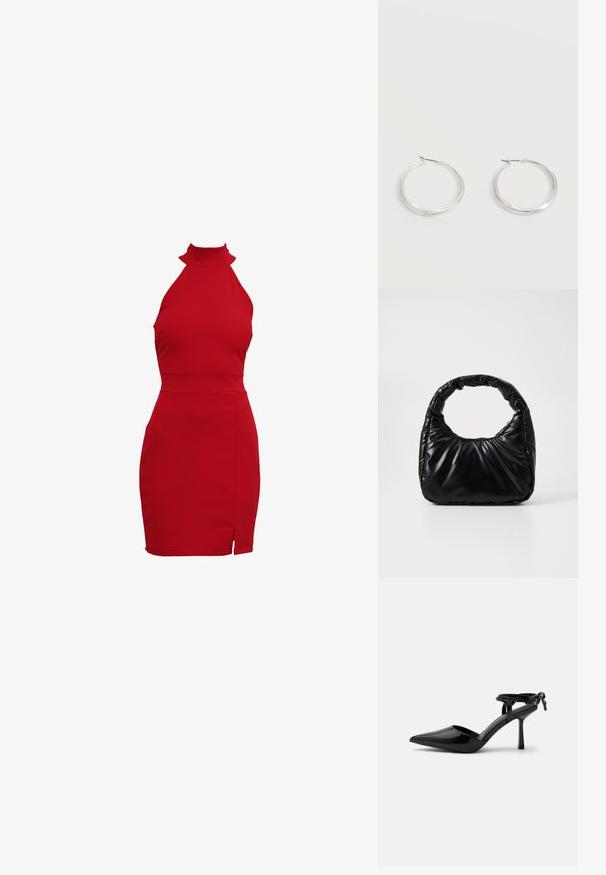 Vestido rojo de cuello halter con una silueta ajustada, que cuenta con un cuello alto y una abertura lateral. Fabricado en un tejido elástico para un ajuste ceñido.; Zapato de tacón alto de cuero charol negro con punta puntiaguda y correa en el tobillo atada en un nudo en la parte trasera, mostrado sobre un fondo blanco liso.; Bolso negro acolchado con un asa redondeada, que presenta una superficie lisa y brillante y una textura suave y acolchada. Sin herrajes ni acentos visibles.; Pendientes de aro de metal plateado con superficie lisa y ligeramente curvada y cierre de tipo mosquetón sobre un fondo blanco liso.