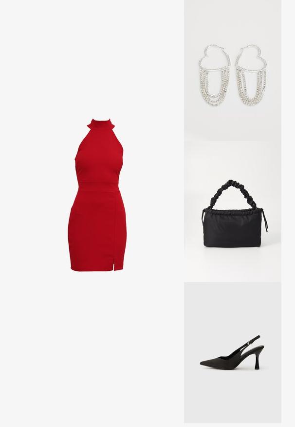Rode halternekjurk met een aansluitende silhouet, voorzien van een hoge kraag en een zijsplit. Gemaakt van rekbaar materiaal voor een strakke pasvorm.; Zwarte slingback hakken met een spitse neus, een gladde matte afwerking en een slanke, glanzende hak. Verstelbare band met een klein gespdetail.; Zwarte tas gemaakt van zacht, gladde stof. Beschikt over een geplooide handgreep en een trekkoordsluiting, met een rechthoekige vorm en geen zichtbare hardware.; Zilveren oorringen in de vorm van een hart, versierd met watervalletjes van heldere rhinestones voor extra sprankeling en textuur.