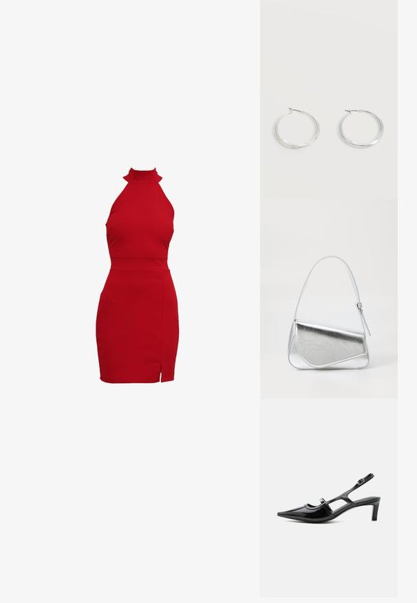 Červené šaty s halter výstrihom a priliehavým strihom, s vysokým golierom a postranným rozparkom. Vyrobené z elastického materiálu pre tesné priliehanie.; Čierna lakovaná slingback obuv s ostrou špičkou, nízkym opätkom a dvoma nastaviteľnými prackami, zobrazená z profilu.; Strieborná kovová kabelka s trojuholníkovým tvarom, hladkým povrchom a tenkým, nastaviteľným ramenným popruhom. Má preklápací dizajn s prešitím.; Strieborné kovové kruhové náušnice s hladkým, mierne zakriveným povrchom a zapínaním na poistku na jednoduchom bielom pozadí.