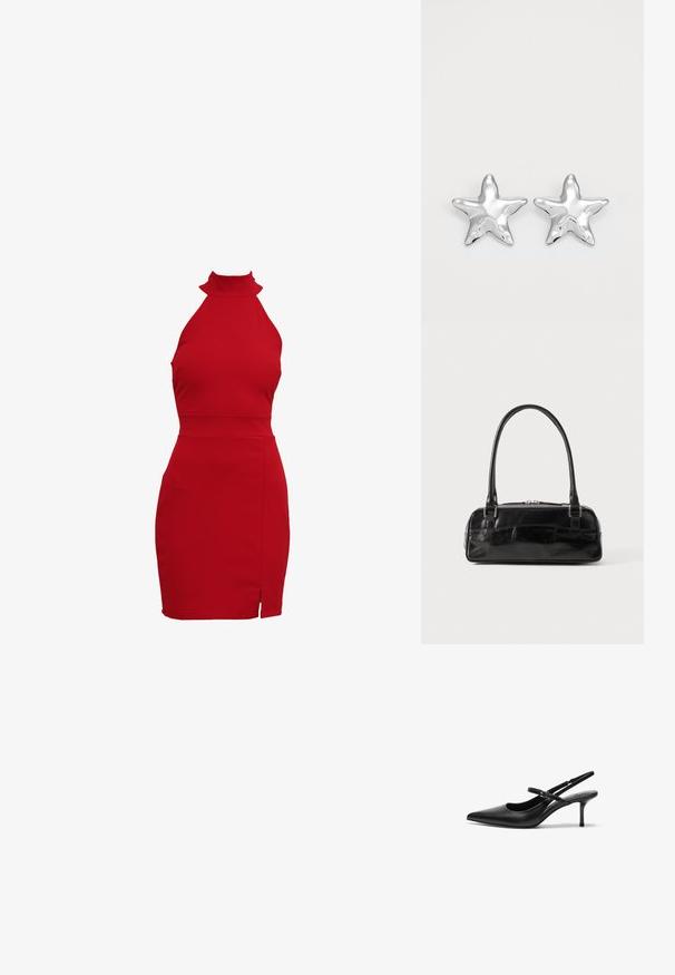 Rode halternekjurk met een aansluitende silhouet, voorzien van een hoge kraag en een zijsplit. Gemaakt van rekbaar materiaal voor een strakke pasvorm.; Zwarte leren slingback hakken met een puntige neus, slanke verstelbare band en een ongeveer 5 cm hoge stiletto hak, met een gladde textuur.; Zwarte leren handtas met een rechthoekige vorm, voorzien van een enkele gestructureerde handgreep, zilveren hardware en ritsluiting. Gladde textuur.; Zilveren stervormige oorbellen met een gepolijste, glanzende afwerking. Elke oorbel heeft vijf punten en subtiele textuurdetails op het oppervlak.