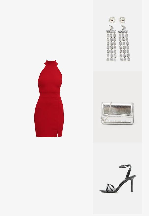 Vestido rojo de cuello halter con una silueta ajustada, que cuenta con un cuello alto y una abertura lateral. Fabricado en un tejido elástico para un ajuste ceñido.; Sandalia de tacón alto de charol negro con tiras finas que cruzan los dedos y una correa con hebilla en el tobillo sobre un fondo blanco.; Bolso de mano metálico plateado con textura suave, cierre de solapa y cadena para el hombro. Presenta un diseño rectangular estructurado y acentos cosidos.; Pendientes colgantes de cristal con herrajes en tono plateado, que presentan un stud cuadrado y filas en cascada de cristales rectangulares y octogonales.