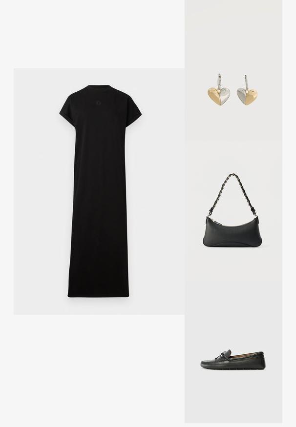 Zwarte jurk van zacht materiaal, met korte mouwen, een ronde halslijn en een recht maxi-silhouet. Subtiel logo-detail bij de hals.; Zwarte leren bootshoe met een ronde neus, gestikte details, een kleine strikaccent en een rubberen zool. Soepele textuur en gestroomlijnd ontwerp.; Zwarte lederen schoudertas met een gebogen rechthoekige vorm, gouden ketting verweven in een gevlochten zwarte band, en een ritssluiting bovenop.; Paar hartvormige oorbellen met een tweekleurig ontwerp, waarbij de ene helft goud is en de andere zilver, bevestigd aan zilveren haken.