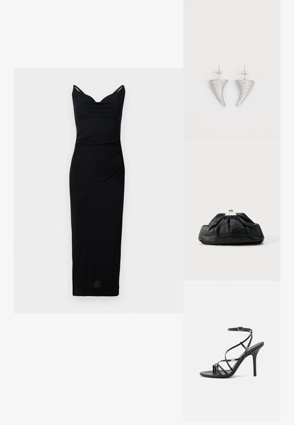 Schwarzes, tailliertes Kleid mit V-Ausschnitt und dünnen Trägern. Hergestellt aus glattem Stoff, verfügt es über seitliche Raffung und einen knielangen Saum.; Schwarze High-Heel-Sandale mit dünnen Riemen, einem Knöchelverschluss, einer glatten Lederoberfläche und einem schlanken Stiletto-Absatz.; Schwarze Leder-Clutch mit geraffter Textur, Metallverschluss und dezentem, auf der Vorderseite geprägtem Logo. Abgerundete Form.; Silberne, hornförmige Ohrringe, besetzt mit kleinen klaren Steinen, mit einem Steckverschluss zur Befestigung. Glatte Textur und metallisches Finish.