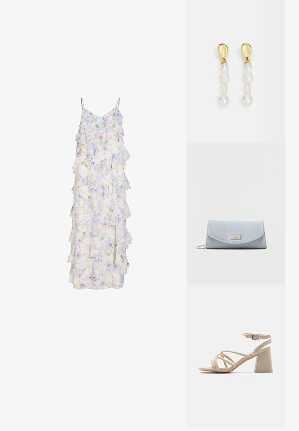 Robe maxi blanche sans manches avec imprimé floral pastel et tissu à volants superposés.; Sandales à talons beiges avec des brides entrecroisées, une boucle à la cheville et un talon carré pour plus de stabilité. Texture lisse semblable au cuir.; Pochette en tissu lisse de couleur bleu clair, dotée d'une plaque de logo en métal argenté et d'une bandoulière chaîne amovible.; Boucles d'oreilles en ton or ornées d'un cluster de perles blanches irrégulières, avec une tige lisse et arrondie en haut et des tailles de perles variées.