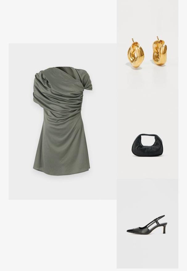 Vestido de manga corta en verde olivo, con textura fruncida, escote asimétrico y una silueta ajustada que fluye hacia un dobladillo acampanado.; Zapato slingback de cuero negro con punta afilada, con un acento brillante en la puntera y un tacón de altura media. Diseño con lateral abierto.; Bolso hobo tejido negro con estructura suave y asa integrada, exhibido sobre un fondo liso y claro.; Pendientes de aro grueso en oro con un diseño tubular ligeramente retorcido y cierre de presión, sobre un fondo blanco.