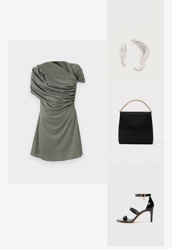 Vestido de manga corta en verde olivo, con textura fruncida, escote asimétrico y una silueta ajustada que fluye hacia un dobladillo acampanado.; Sandalia de charol negro con tres correas, hebilla en el tobillo y tacón de aguja de 10 cm. Presenta detalles de hardware en oro y un charm con el logo.; Bolso negro de tela suave, con forma estructurada, asa de cadena dorada y diseño geométrico minimalista.; Dos pendientes de plata curvados, uno más grande que el otro, ambos adornados con pequeños cristales brillantes a lo largo de un borde.