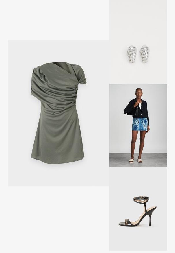 Vestido de manga corta en verde olivo, con textura fruncida, escote asimétrico y una silueta ajustada que fluye hacia un dobladillo acampanado.; Sandalia de tacón alto de charol negro con tira delgada en el tobillo y hebilla, punta abierta y tacón aguja esbelto sobre fondo blanco.; Cárdigan negro de punto, blusa blanca, falda de mezclilla con patrón de diamantes en azul y negro, bolso negro y sandalias deslizantes beige.; Pendientes de clip plateados con un diseño en espiral, que presentan una textura metálica suave y formas redondeadas. Sin adornos ni patrones visibles.