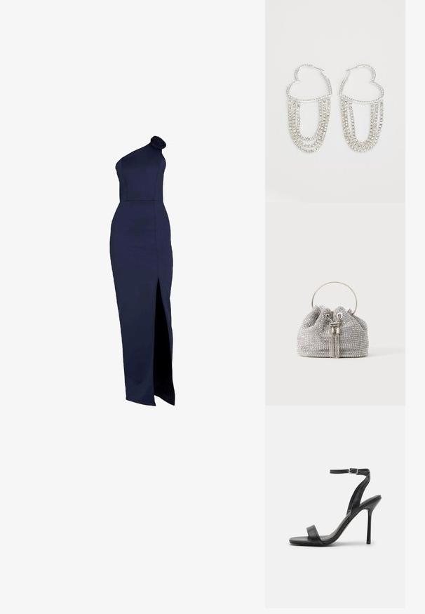Mørkeblå, one-shoulder kjole med en rose detalje, tætsiddende silhuet, lang længde og en høj slids langs venstre side.; Sort højhælet sandal med en slank ankelrem og to forreste bånd. Lavet af glat læder med en slank spids tå og stilettohæl.; Lille sølv aften taske dækket med gnistrende rhinsten med et rundt metalhåndtag og to dekorative kvaster foran.; Sølv hoops i hjerteform, prydet med hængende strenge af klare rhinsten for ekstra glans og struktur.