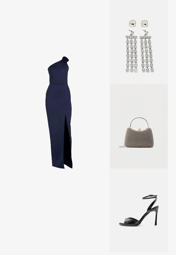 Navyblauwe, een-schouder jurk met een rozendetail, aansluitende silhouet, lange lengte en een hoge split langs de linkerkant.; Zwarte sandaal met hoge hak, open teen, smalle naaldhak en enkelbandje met gesp op een witte achtergrond.; Kleine handtas met zilverkleurig rasterpatroon, gebogen handvat, grote parel sluiting en een dunne zilveren kettingriem op een effen achtergrond.; Kruisdruppel oorbellen met hardware in zilvertint, gekenmerkt door een vierkante stud en watervallen van rechthoekige en octagonale kristallen.