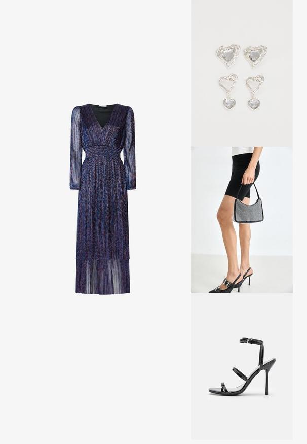 Langes, lila Kleid mit langen, durchsichtigen Ärmeln und einem V-Ausschnitt. Verfügt über eine smocked Taille und gestufte Fransen-Details. Der Stoff hat eine schimmernde Textur.; Schwarze Lackleder-High-Heel-Sandalen mit drei horizontalen Riemen und einem verstellbaren Knöchelriemen. Schlanke Silhouette und glänzende Oberfläche.; Schwarze Perlen-Handtasche mit geschwungener Silhouette, Tragegriff und glänzender Textur. Kombiniert mit schwarzen High Heels und enganliegenden schwarzen Shorts.; Silberne herzförmige Ohrringe mit facettierten klaren Steinen und einem strukturierten Rahmen. Das Set umfasst Stecker- und Anhänger-Stile.