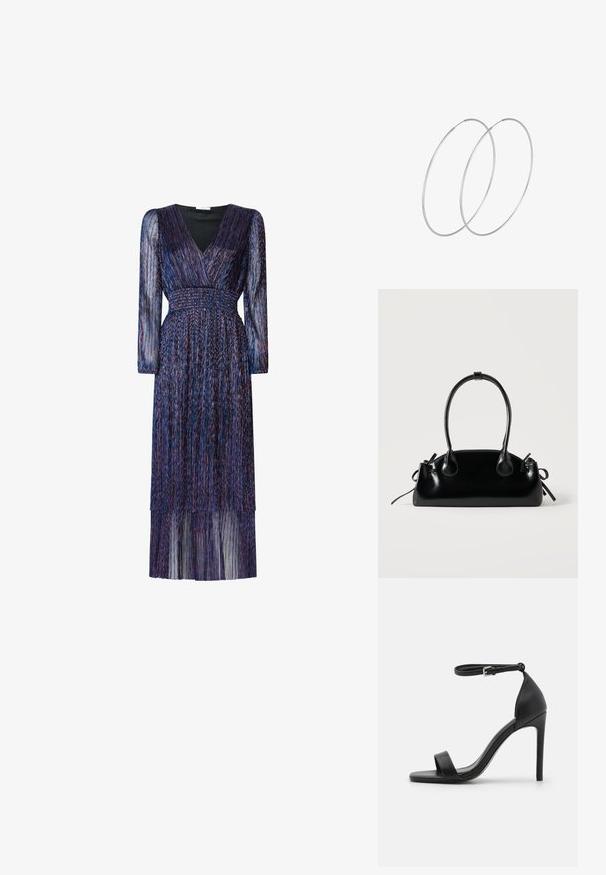 Langes, lila Kleid mit langen, durchsichtigen Ärmeln und einem V-Ausschnitt. Verfügt über eine smocked Taille und gestufte Fransen-Details. Der Stoff hat eine schimmernde Textur.; Schwarze hochhackige Sandale mit elegantem Design, featuring einem Knöchelriemen, offener Zehenpartie und glattem Lederfinish.; Kleine schwarze glänzende Handtasche mit zwei langen Griffen und seitlichen Kordelzug-Details vor einfachem hellem Hintergrund.; Silberne Creolen mit minimalistischem Design. Rundform, glatte Oberfläche und dünnes Profil. Leichtgewichtig mit hochglänzender Oberfläche.