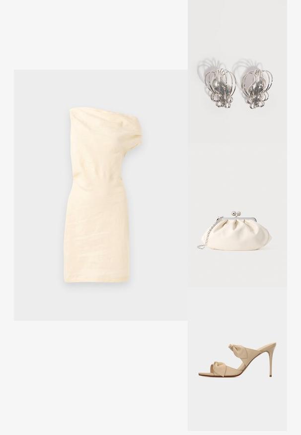 Vestido crema de un solo hombro con diseño ajustado, textura arrugada y escote asimétrico. Tela lisa sin patrones ni detalles visibles.; Sandalia mule de tacón alto color beige con dos tiras nudo retorcidas y tacón stiletto delgado sobre fondo blanco.; Bolso de mano de tela color crema con diseño fruncido, marco metálico plateado, dos bolas decorativas y correa de cadena plateada.; Par de pendientes de metal plateado con diseño de jaula de alambre abierto y formas ovaladas centrales lisas que proyectan sombras curvas sobre un fondo blanco.