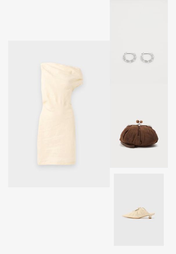 Crèmekleurige jurk met één schouder, een aansluitend ontwerp, een gerimpelde textuur en een asymmetrische halslijn. Glad materiaal zonder zichtbare patronen of accenten.; Crème-kleurige leren instap schoenen met een spitse neus, geplooide details aan de voorkant en een korte blokhak.; Zachte bruine suède polstasje met zilverkleurige metalen frame en ronde bruine sluitknopjes op een effen lichte achtergrond.; Zilveren oorringen met parel- en kristalaccenten, met een gestructureerd oppervlak en een veilige postsluiting.