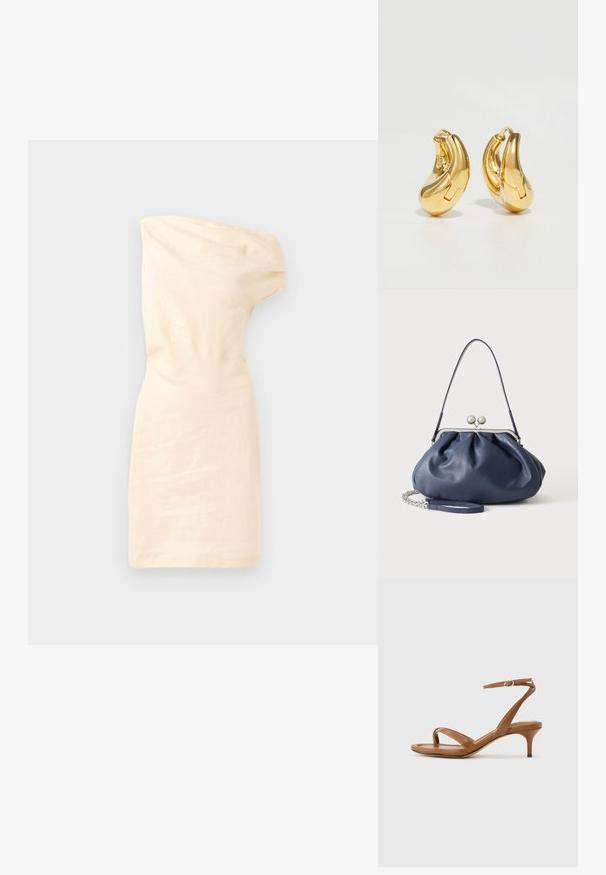 Vestido crema de un solo hombro con diseño ajustado, textura arrugada y escote asimétrico. Tela lisa sin patrones ni detalles visibles.; Sandalia de cuero marrón con tiras, tacón bajo de estilo kitten y una correa en el tobillo con una pequeña hebilla, mostrada de lado sobre un fondo liso.; Bolso de mano de cuero azul marino suave con cierre de broche plateado, una correa de hombro y correa de cadena desmontable para la muñeca sobre fondo blanco.; Pendientes de aro de oro con forma curva y suave, y acabado pulido. Presentan un mecanismo de cierre y ligeras indentaciones para un toque de detalle.